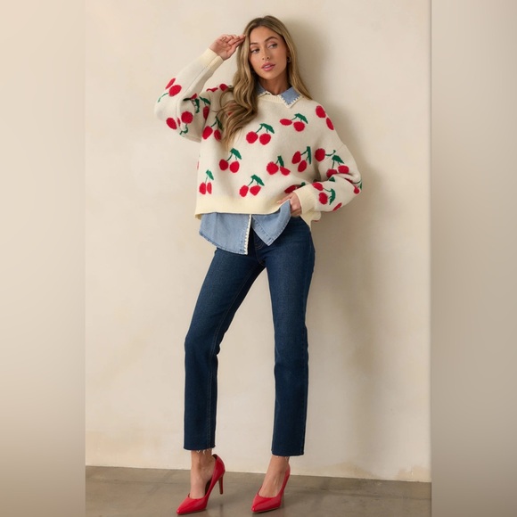 NWT &Merci “Sweet As Can Be” Ivory Cherry Print Sweater in size small - Picture 4 of 16